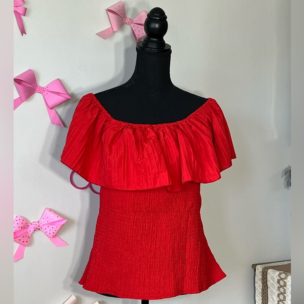 SHEIN Red Ruffled Off Shoulder Blouse